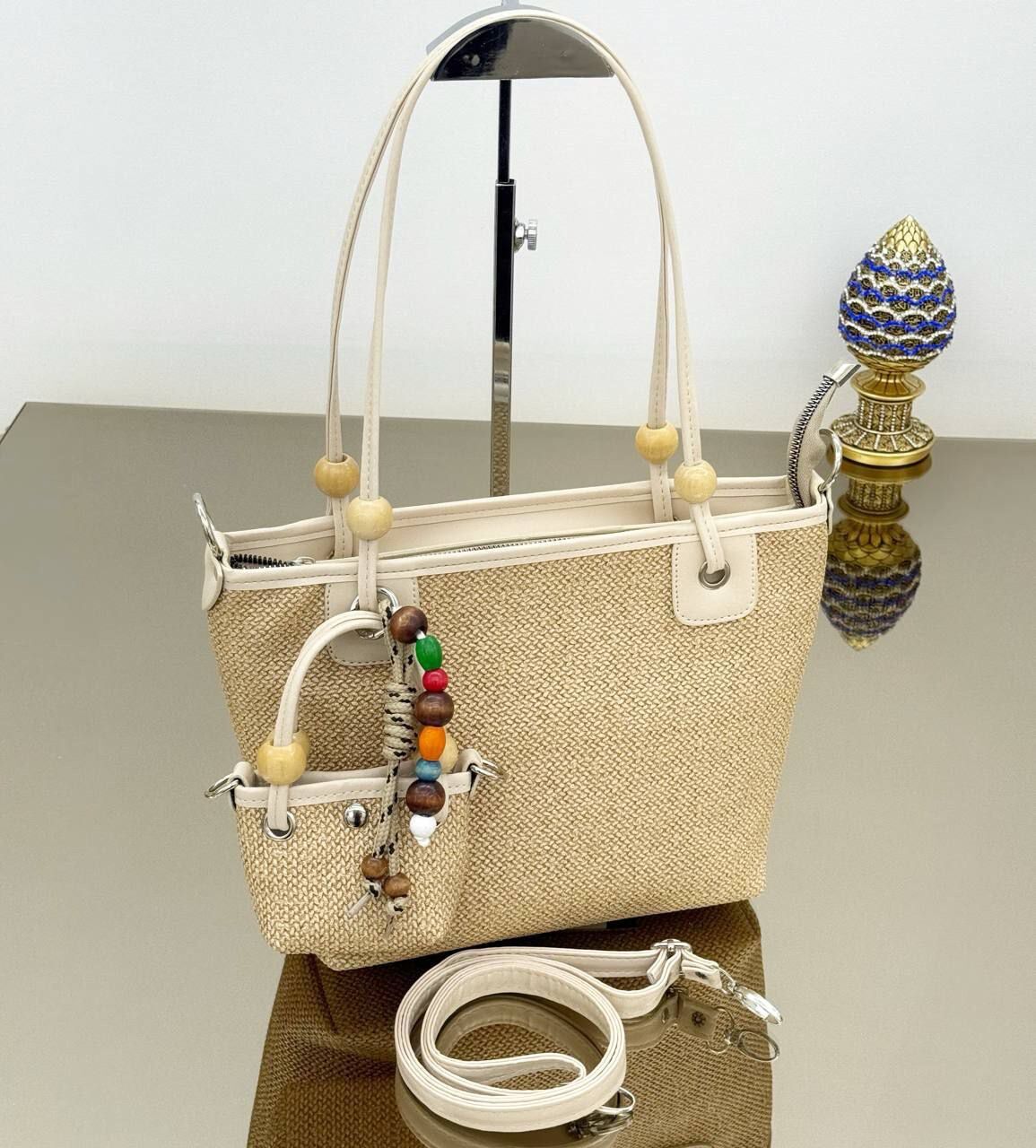 Boncuk Detaylı Hasır Çanta