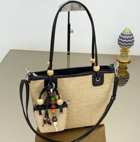 Boncuk Detaylı Hasır Çanta