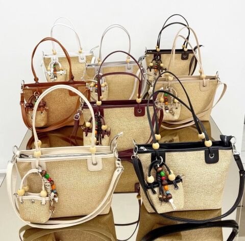 Boncuk Detaylı Hasır Çanta